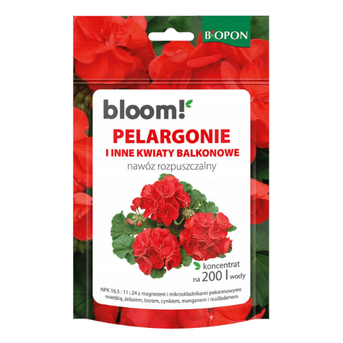 Biopon Bloom Nawóz Rozpuszczalny do Pelargonii i Kwiatów Balkonowych 200 g – Obfite Kwitnienie Twoich Roślin