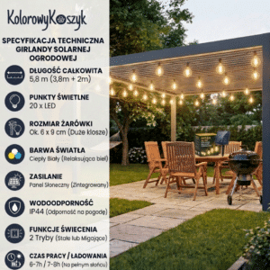 Girlanda Solarna Ogrodowa 5,8m MOZA 20 Dużych Żarówek LED - obrazek 7