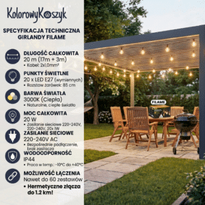Girlanda Ogrodowa 220V 20m FILAME 20 Żarówek E27 LED - obrazek 7