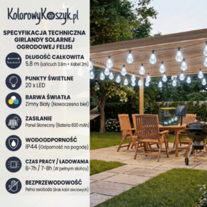 Girlanda Solarna Ogrodowa LED 5,8m FELISI 20 Żarówek Zimna Biel - obrazek 7